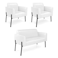 Imagem de Sofá Namoradeira e 2 Poltronas Pé de Ferro Preto Marisa Corano Branco D03 - D'Rossi