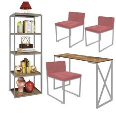 Imagem de Kit Escritório Bex 3 Cadeiras Suede Rose com 1 Mesa e 1 Livreiro Ferro Cinza MDF Castanho - Ahazzo Móveis