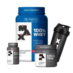 Imagem de Combo 100% Whey 900g, Creatina Monohidratada 100g, Bcaa 60 Caps e Coqueteleira - Max Titanium-Unissex