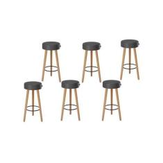 Imagem de Kit 6 Banquetas Banco Alto Londres Couro Preto Bar Cozinha Pés Madeira