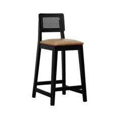 Imagem de Banqueta Gabi 68cm Altura Madeira Maciça Encosto Telinha Assento Estofado Corano Preto/Marrom