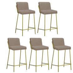 Imagem de Kit 05 Banqueta Alta Com Encosto Drika Industrial Cozinha Bistrô Ferro Dourado Sintético Bege - Ahazzo Móveis