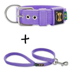 Imagem de Coleira Cachorro Grande Pit Bull + Guia 80cm (Lilás) - Amorosso