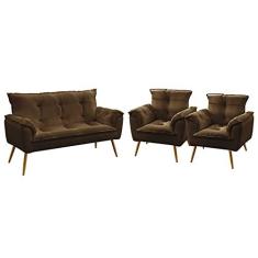Imagem de Kit Poltrona Namoradeira e 2 Poltronas Decorativas Estofada Opala Sued Marrom Aradecor