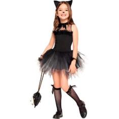 Imagem de Fantasia Halloween Infantil pra Menina de Luxo Vestido Gatinha Preta C