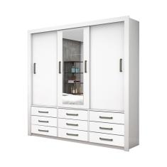 Imagem de Guarda Roupa Roupeiro Anjos 3 Portas De Correr Com Espelho Central 9 Gavetas Carioca Branco