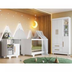 Imagem de Quarto de Bebê 100% MDF com Berço Minicama, Cômoda e Guarda Roupa 3 Portas Flocos Branco