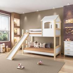 Imagem de Beliche Infantil Casinha Com Escorregador Madeira e Mdf - Casatema Branco/natural
