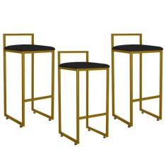 Imagem de Kit 03 Banquetas Altas Para Cozinha Sala De Jantar Hanna L02 Dourado Suede Preto - Lyam Decor