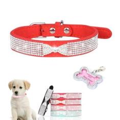 Imagem de Coleira de cachorro com placa de identificação de strass, lindo laço de cristal com glitter, joias brilhantes, coleiras de gato de diamante brilhante para XXS XS, pequeno, médio, animal de estimação,