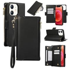 Imagem de Capa carteira para iPhone 11, bolso com zíper magnético [destacável] capa de couro flip com 6 compartimentos para cartão e 1 compartimento para dinheiro, [bloqueio RFID] capa com alça de pulso e
