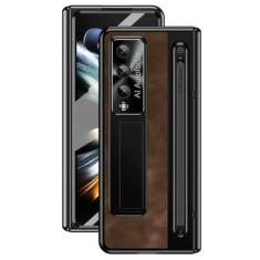 Imagem de Suporte de couro para caneta com capa Stylus para Samsung Galaxy Z Fold 5 4 Capa de proteção de dobradiça de tela de vidro para Z Fold5 Fold4, café, para Galaxy Z Fold 4