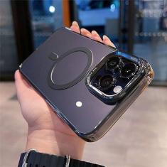 Imagem de Capa de telefone transparente magnética chapeada para iPhone 14 ProMax Plus 11 12 13 Pro Max Armor Lens Protection Capa dura à prova de choque, moldura preta, para iPhone 14 ProMax