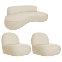 Imagem de Sofá Curvo 160cm 2 Lugares E 2 Poltrona Amsterdã Linho - Adj Decor Cor Bege