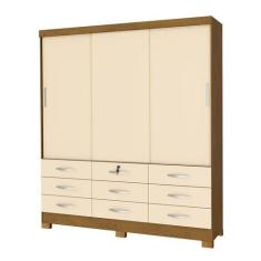 Imagem de Guarda Roupa Casal 3 Portas Correr 9 Gavetas Noce Perola - San Marino