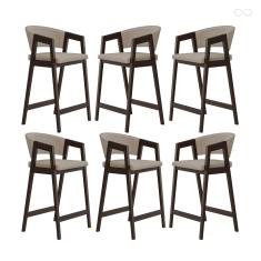 Imagem de Kit 6 Banquetas Alta para Cozinha Ravena em Madeira Maciça Capuccino Suede Bege CCS