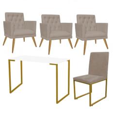 Imagem de Kit Escritório Stan 3 Poltronas Maria e Cadeira e Mesa Industrial Branco Dourado Tecido Sintético Bege - Ahz Móveis