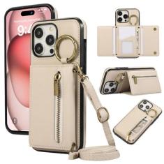 Imagem de Suporte de cartão de anel crossbody com zíper capa de telefone carteira para iPhone 15 Pro Max 14 Plus 13 12 11 XS XR 7 8 SE 2020 2022 Capa de couro, bege, para iPhone 13 Pro