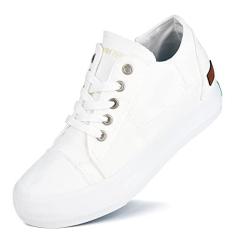 Imagem de JENN ARDOR Tênis feminino de lona da moda, casual, plataforma, salto oculto, sem cadarço, antiderrapante, zíper lateral, Renda branca, 35