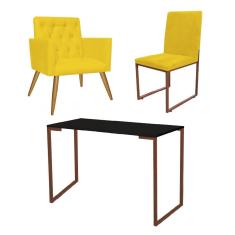 Imagem de Kit Escritório Stan Poltrona Capitonê com Cadeira e Mesa Industrial Preto Bronze Tecido Sintético Amarelo - Ahz Móveis