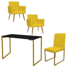 Imagem de Kit Escritório Stan 2 Poltronas com Cadeira e Mesa Industrial Tampo Preto Dourado Corino Amarelo - Ahz Móveis