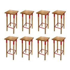 Imagem de Kit 8 Banquetas Bistro Industrial Colors Ferro E Madeira Maciça - Vermelha Vermelho