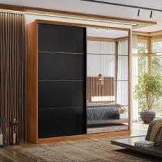 Imagem de Guarda-roupa Casal com Espelho 2 Portas 3 Gavetas Belga Nogueira Touch/preto Prime Tx