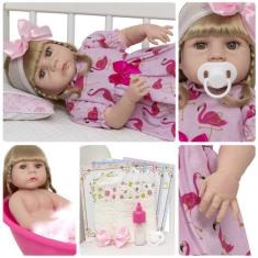 Imagem de Bebe Estilo Reborn Menina Fofinha Vestido Flamingo Barata - Cegonha Re