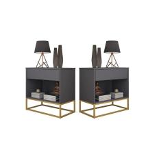 Imagem de Kit 2 Mesa Lateral Para Cama Industrial Malta Cinza Pés De Ferro Dourado