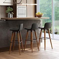 Imagem de KIT 3 BANQUETAS ALTAS LUXO LINEA AÇO PRETO LINHO PRETO BASE CARVALHO