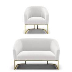 Imagem de Sofá Namoradeira E Poltrona Base Industrial Dourado Stella Bouclê D03 - D'rossi Cor Off White