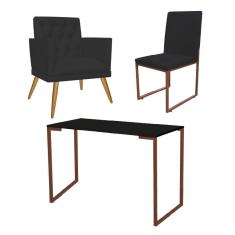 Imagem de Kit Escritório Stan Poltrona Maria com Cadeira e Mesa Industrial Preto Bronze Suede Preto - Ahz Móveis