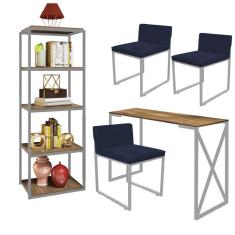 Imagem de Kit Escritório Bex 3 Cadeiras Sintético Azul Marinho com 1 Mesa e 1 Livreiro Ferro Cinza MDF Freijó - Ahazzo Móveis