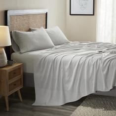 Imagem de Superior Jogo de cama de mistura de linho e algodão para decoração de casa, roupa de cama lisa moderna inclui 1 lençol com elástico grande, 1 lençol de cima, 1 fronha, itens essenciais para quarto,