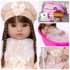 Imagem de Boneca Reborn Realista Menina Com Roupa Salmão E Itens Luxo - Cegonha