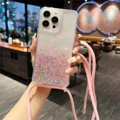 Imagem de Transparente gradiente glitter cordão cinta cordão colar caso para iphone 14 13 12 mini 11 pro xs max x xr se 2022 7 8 plus capa, rosa, para iphone 8