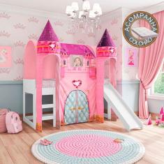 Imagem de Cama Infantil Joy com Escorregador Dossel Barraca Castelo e 02 Torres Branco Rosa Pura Magia + Colchão Ortobom