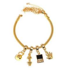 Imagem de Pulseira Berloque Academia Halteres Peso Folheado Ouro 18k