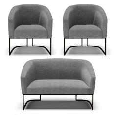 Imagem de Sofá Namoradeira E 2 Poltronas Base Industrial Preto Stella Linho Grafite A26 D03 - D'rossi