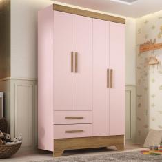 Imagem de Guarda Roupa Infantil 4 Portas e 2 Gavetas Tic Tac Rosa Fosco/Marrom