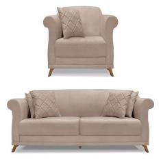 Imagem de Kit Poltrona e Sofá Living 2 Lugares 1,60m Vênus Linho Areia Pés Casta