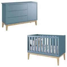 Imagem de Berço Americano E Cômoda Infantil 1 Porta Classic Azul Com Pés Madeira Natural - Reller