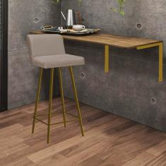 Imagem de Kit Mesa Suspensa de Parede Fixa MDF Caramelo + 1 Banqueta Lexi Ferro Dourado Sintético Bege - Ahazzo Móveis