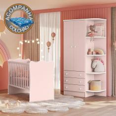 Imagem de Quarto de Bebê Doce Sonho com Roupeiro 825 e Berço Simples 1 Qmovi Rosa Acetinado + Colchão Ortobom
