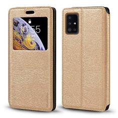 Imagem de Capa para Samsung Galaxy A51 5G versão japonesa, capa de couro de grão de madeira com porta-cartão e janela, capa flip magnética para Samsung Galaxy A51 5G versão japonesa