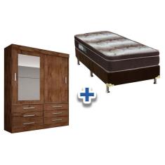 Imagem de Cama Box Solteiro + Colchão Ortobom Light + Guarda Roupa Sonare Canela