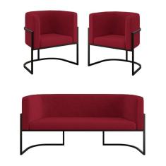 Imagem de Kit 2 Poltronas + Sofá 2 Lugares Base De Metal Black Balaqui Marsala