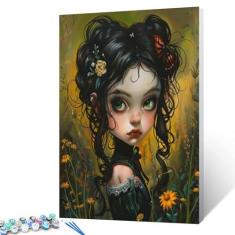 Imagem de Boneca como menina pintura por número, lindo retrato de menina glamourosa com flores, pintura faça você mesmo em tela com pincéis, tintas acrílicas por números para adultos e crianças iniciantes 40 x