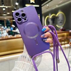 Imagem de Capa magnética de cordão com alça crossbody para iPhone 15 14 13 11 12 Pro Max Plus XS X XR Capa traseira macia de silicone, roxo escuro, para iPhone 12 Pro
