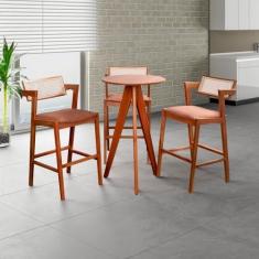 Imagem de Conjunto de Mesa Bistrô Nápoles com 3 Banquetas em Madeira Maciça, Estofada e Rattan de Fibra 100% N Champagnhe/Marrom